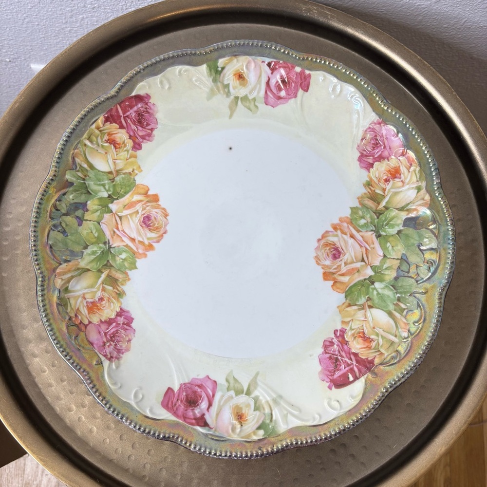 Vintage pink and orange roses porcelain plate with gold rim shabby chic